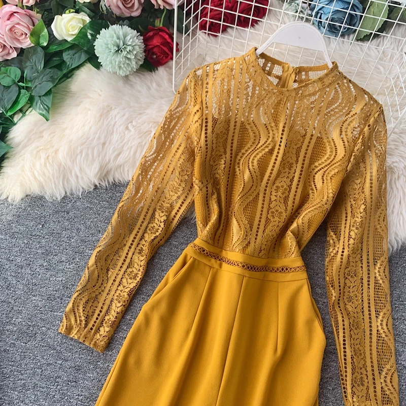 Autumn Fashion Sexy Lace Hollow Stitching Wide-legged High Waist Long Sleeve Jumpsuits Women Solid Color Elegant Overalls J897