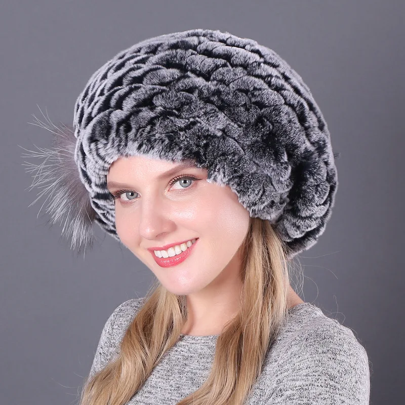 Hot Sale Natural Silver Fox Fur Women Winter Hat Knitted Cap Women Hat Fox Fur Bomber Hat Female Ear Warm Winter Must