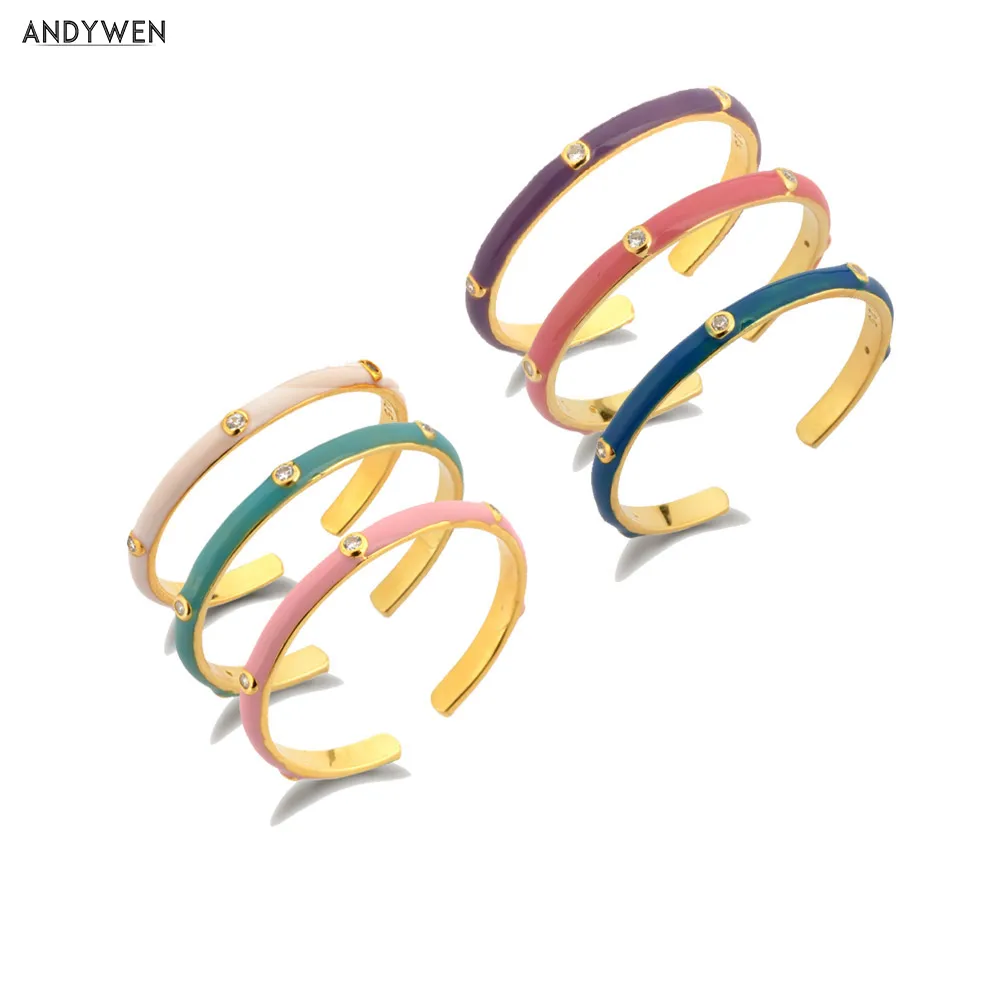 ANDYWEN 925 Стерлинговое Серебро Золото Бирюза эмаль изменяемые кольца розовый