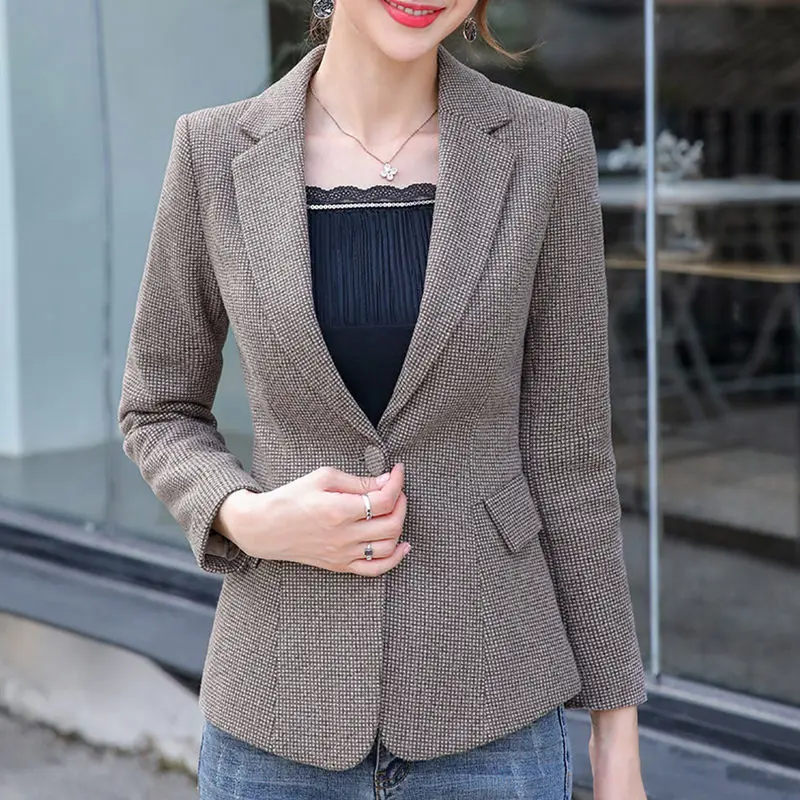 Woolen Plaid Blazer Jacket Women 2024 Spring Autumn Slim Long