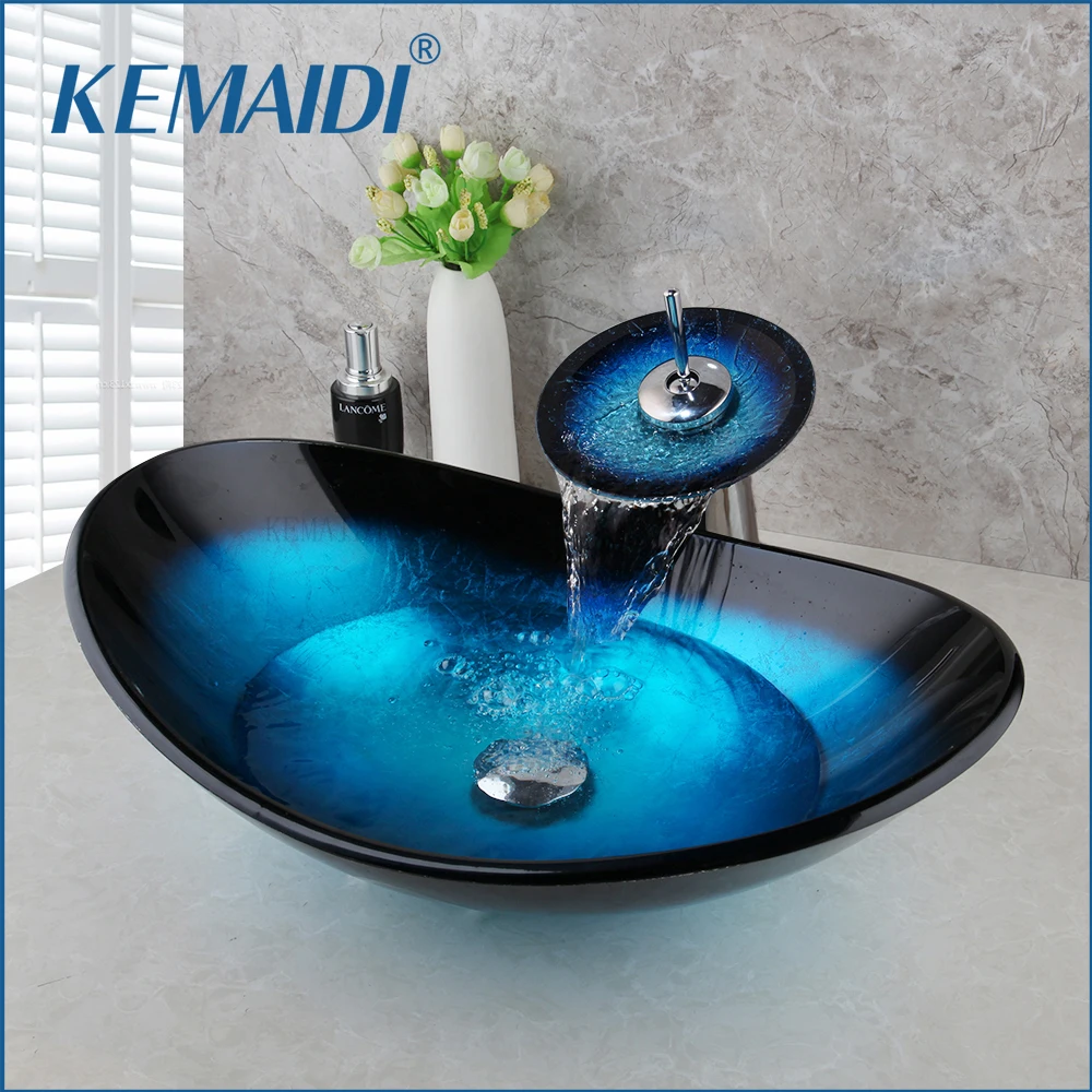 KEMAIDI Bathroom Counter top Sink Bowl with Tap Washroom Vessel Vanity Sinks Blue Tempered Glass Basin Sink Washbasin Faucet Set