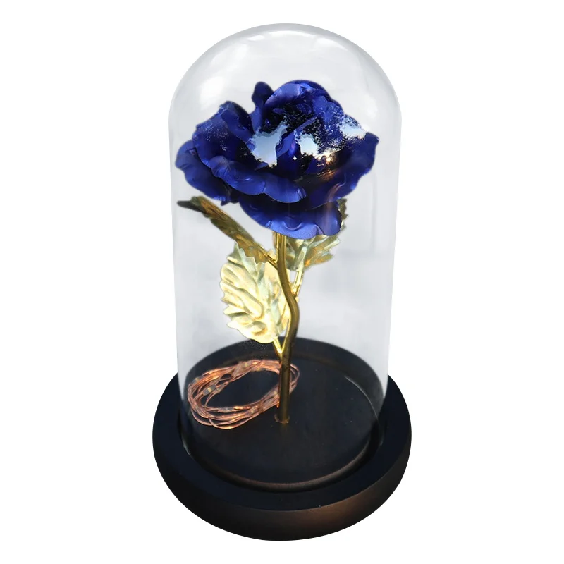 Искусственный Золотой фольга розы Ночной светильник без батареи светодиодный светильник в стеклянном куполе на деревянной основе лучший подарок для женщин