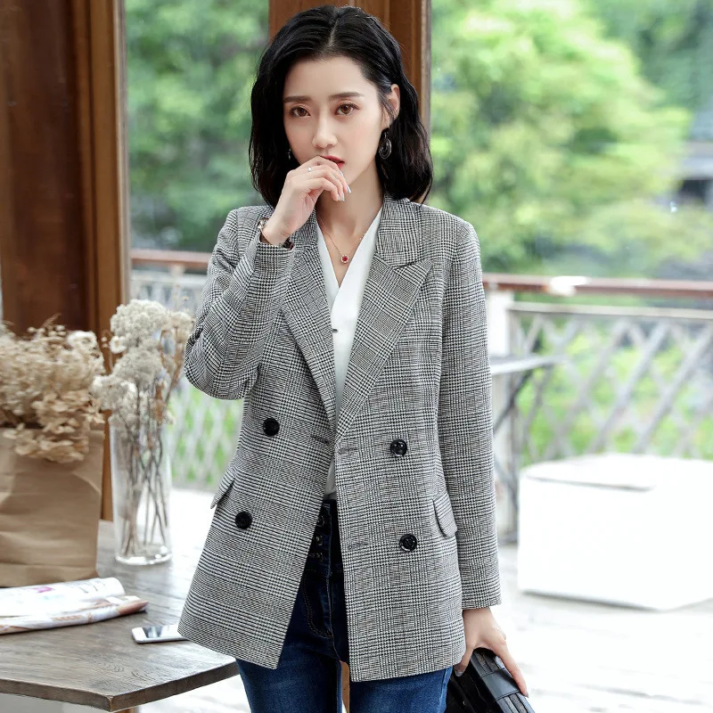 

2018 Autumn And Winter Loose-Fit Wear Small Suit Women's Commuting Ol Mid-length Thousands of Birds Long Sleeve Suit Coat