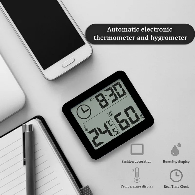 DIDIHOU гигрометр Измеритель влажности Цифровой комнатный термометр гигрометр с дисплеем времени - Цвет: black