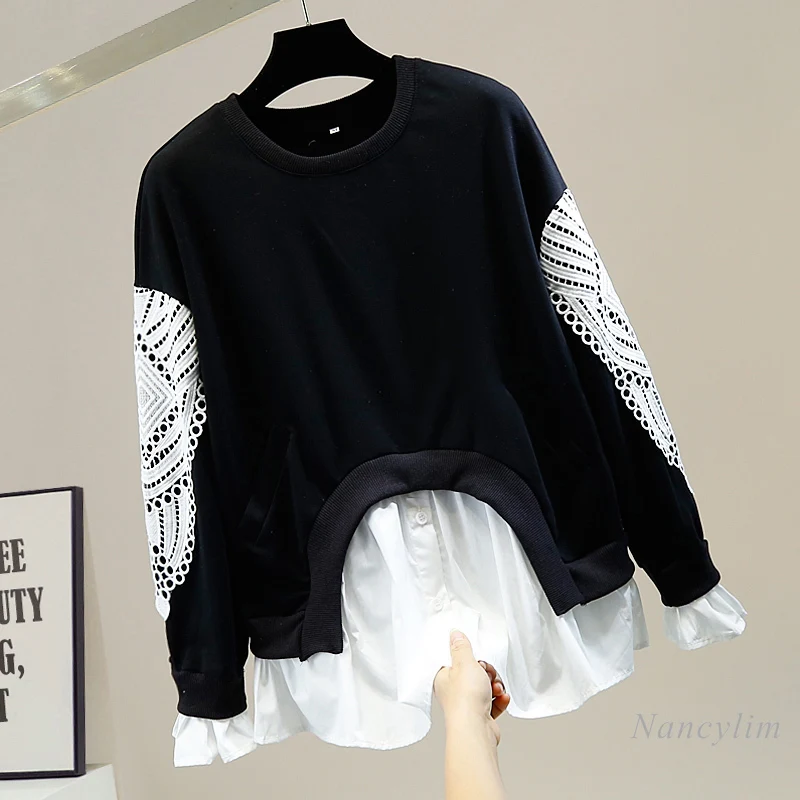 

Women's Sweatshirt Hoodie Fashion Irregular Lace Stitching Contrast Colors 2020 Girls Ladies New Loose Pullovers Tops Fall