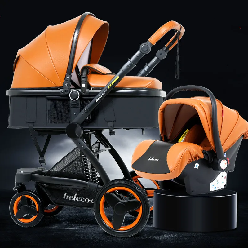 3 In 1 Baby Stroller High-view Baby Carriage Stroller with Basket Can Sit Lie and Foldable Two-way Shock Absorption Stroller