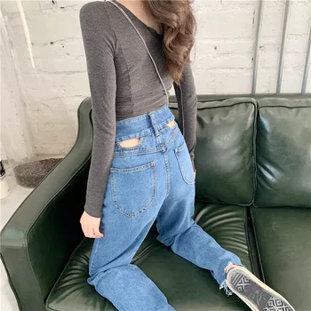 

2020 Spring New Style Short Strapless Sexy T-shirt + Hollow out High-waisted Dad Pants Burrs Loose Pants Pants Female