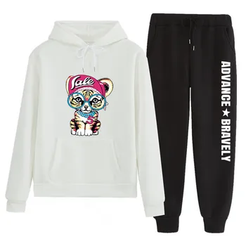 

n77 Tracksuit Women Sweatsuit Hooded Casual cat print Pocket For Women Set Hoodies Sweatshirt+2 Pieces Sets Women's Suit Female