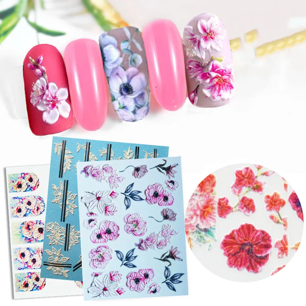 

1PC 10 Designs Nail Stickers Flower Series Butterfly 5D Embossed Acrylic Engraved DIY Deco Nail Water Transfer Sticker Decals