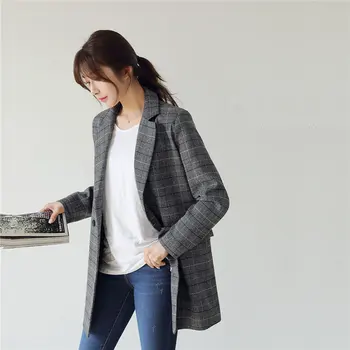 

HziriP Hot Slender Plaid Office Ladies All Match OL Stylish Women Casual Retro Elegant Double-Breasted Vintage Plus Size Blazers