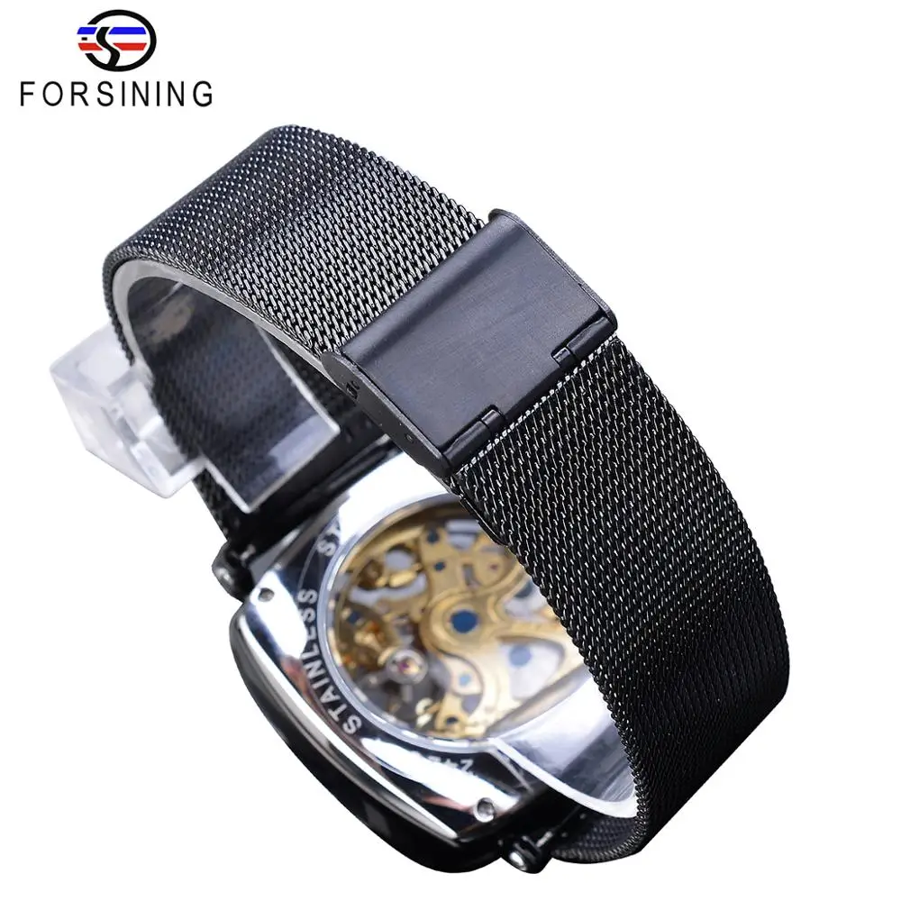Forsining новые мужские механические часы Черные Квадратные автоматические прозрачные часы со скелетом тонкий сетчатый стальной Relogio Masculino мужские часы