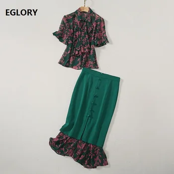 

Elegant Work Suit 2020 Summer Fashion 2 Piece Set Women Color Block Leaves Print Shirt+Midi Sexy Green Mermaid Skirt Set Ladies