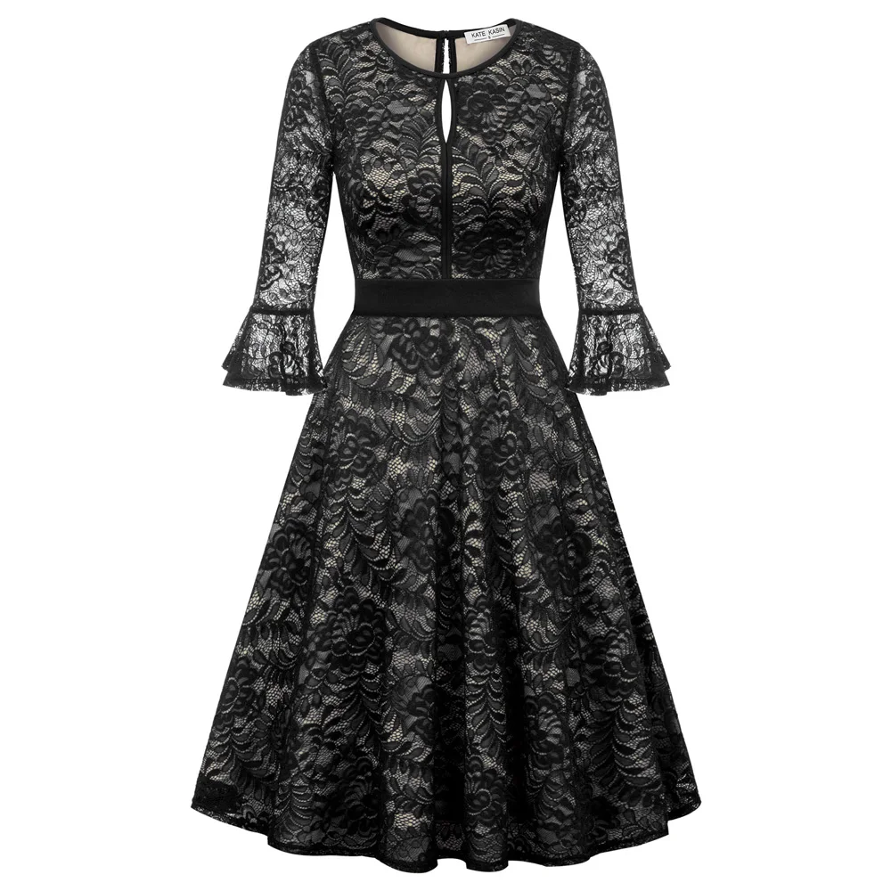 Женское кружевное платье, винтажное коктейльное платье 3/4 года с рукавом-колокольчиком и вырезом-лодочкой, расклешенное платье трапециевидной формы, Вечернее Платье До Колена, vestido