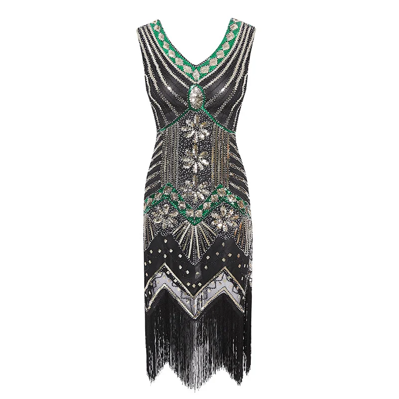 Женское винтажное платье 1920 s Great Gatsby, платье с блестками, v-образный вырез, кисточки, облегающее платье для вечеринки с бисером платья с блестками, арт-деко, двойной - Цвет: As shown