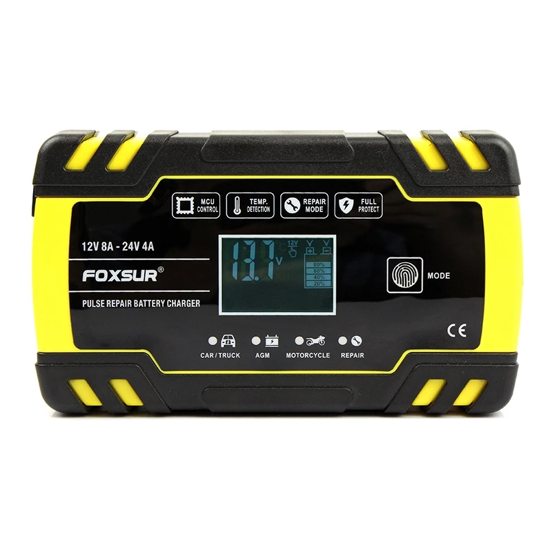 

AABB-Foxsur 12V 8A 24V 4A Pulse Repair Charger with Lcd Display, Motorcycle & Car Battery Charger, 12V 24V Agm Gel Wet Lead Acid