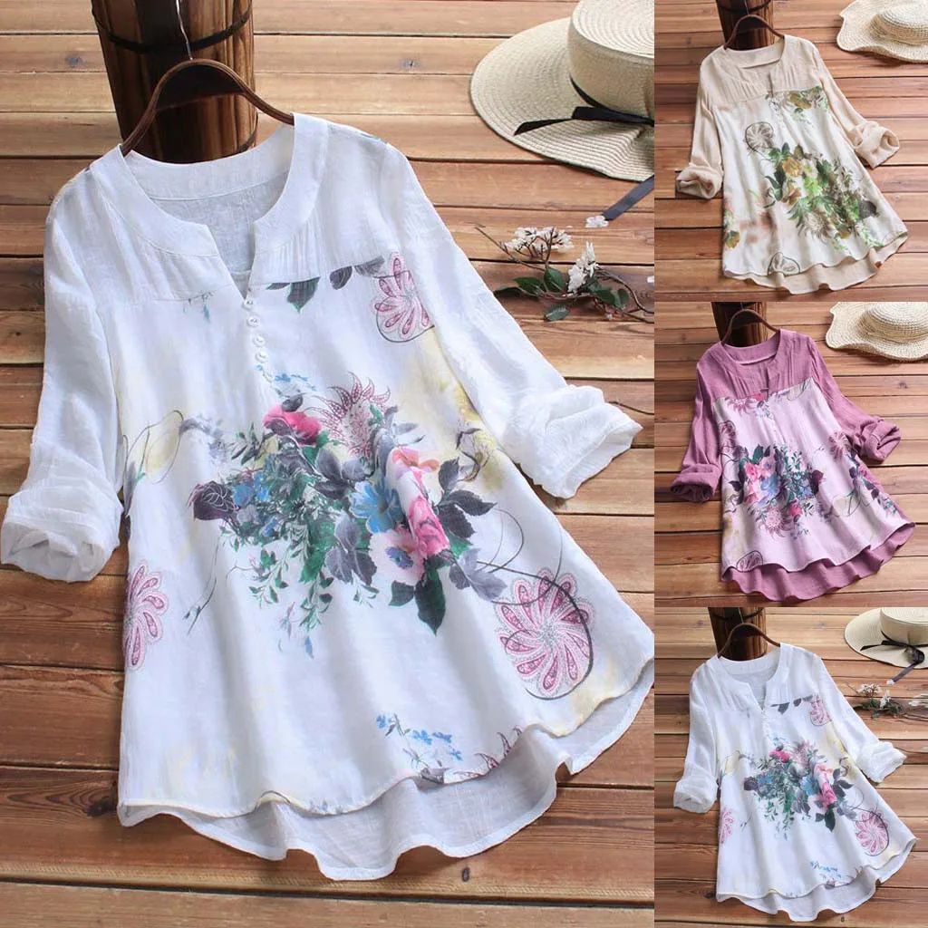

38# Plus Size White Floral Blouse Shirt Women Vintage O-neck Floral Printing Patch Long Sleeves Top Tee Shirt Blouse M-5xl Top