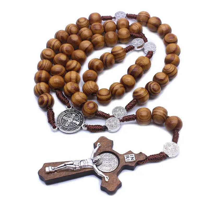 Мода ручной работы круглый шарик католические четки крест религиозные деревянные бусы мужчины ожерелье Шарм подарок