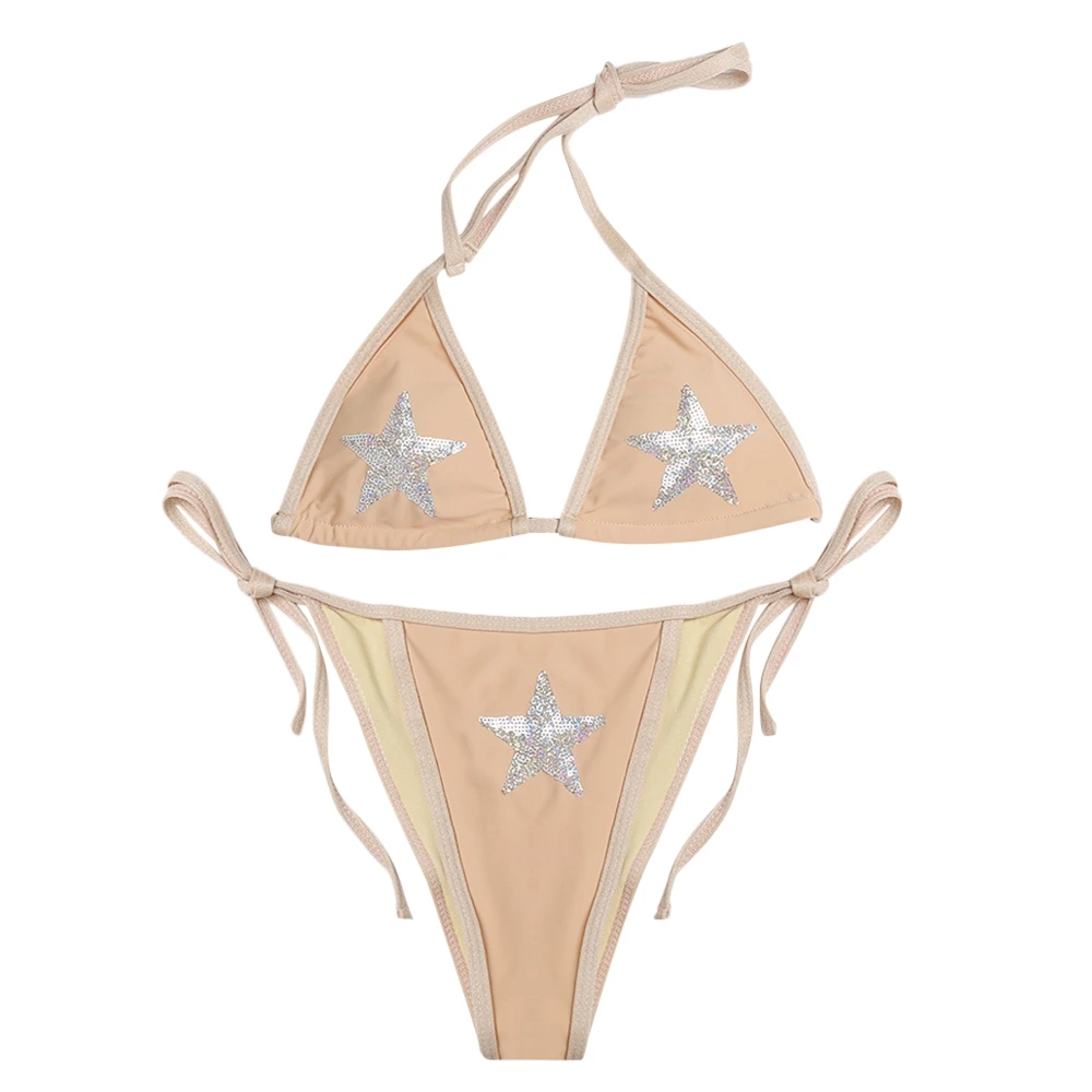 

Halter Neck Backless Padded Sequins Print Low Waist Women Bikini Set