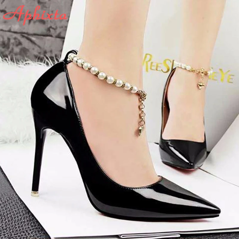 Aphixta Pearl Chain Luxury 10cm Thin Heels Pointed Toe Pumps Women Official Patent Leather Shoes Wedding Plus Big Size 49 50