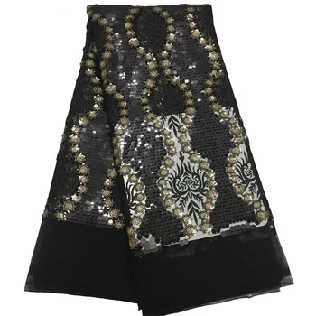 

High Quality Black Color African Lace Fabrics 2020 French Embroidery Tulle Lace Fabric with Sequins For Nigerian Wedding Dress