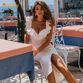 

Fashion White Rayon Bandage Midi Dress Sexy Sleeveless Ruffled Bodycon Club Celebrity Evening Party 2020 Women Summer New