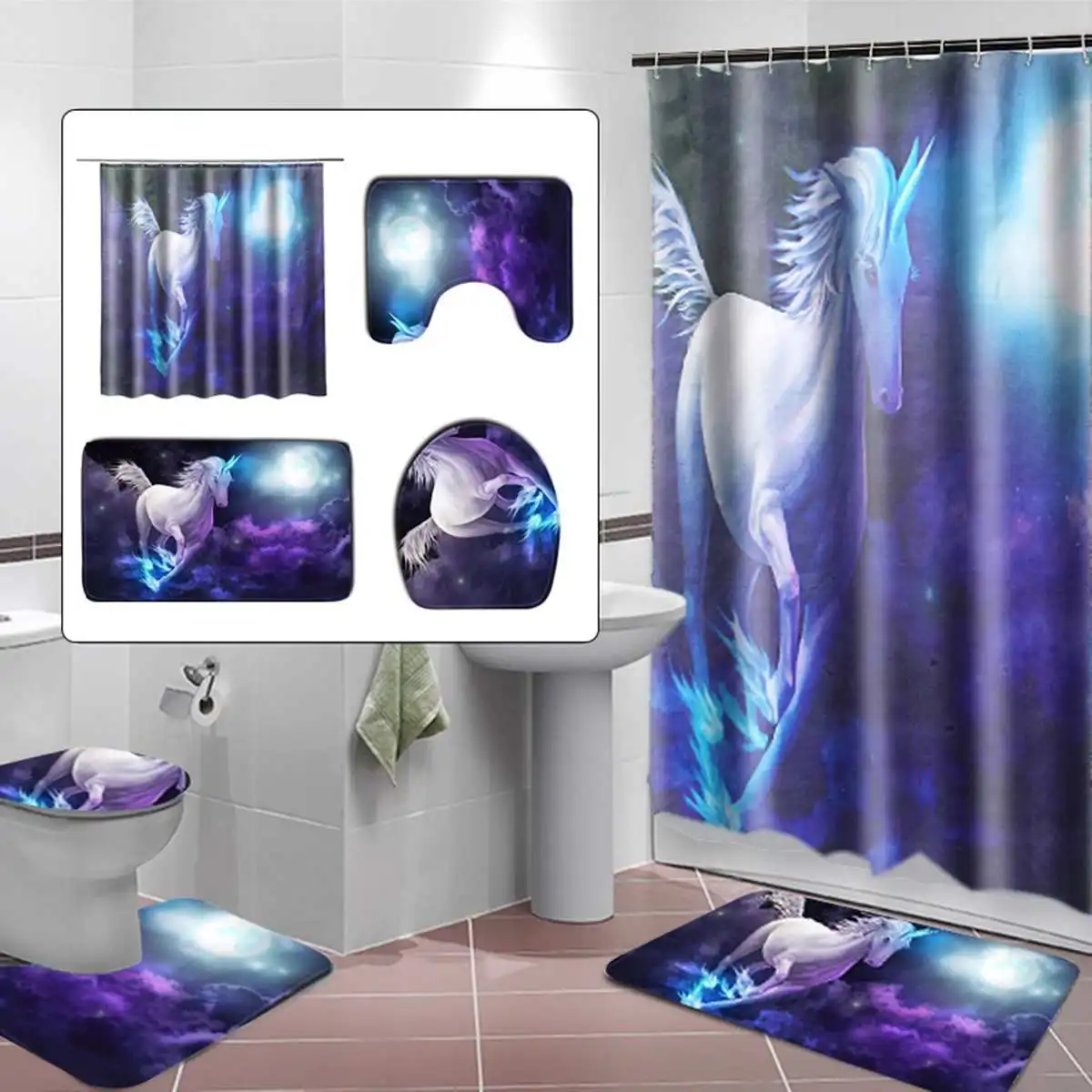 

Cute Unicorns Bathroom Curtain Bath Pad Pedestal Rug Lid Toilet Mat Cover Home Decor Mildew Resistant Waterproof Shower Curtains