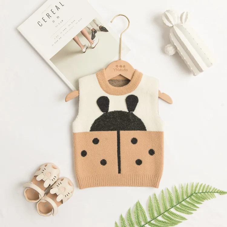 

Ymkids2019 New Style Children Mink Cashmere Sweater Korean-style Crew Neck Cartoon Beetle Vest