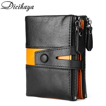 

DICIHAYA NEW Splice 100% Genuine Leather Men Wallet Coin Purse Small Mini Card Holder Double Zipper Portomonee Male Walet Pocket