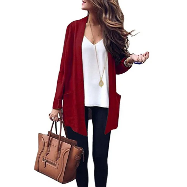 Knitting Unlined Upper Garment Woman Wind Long Fund Solid Color Will Pocket Knitting Cardigan Sweater - Color: claretred