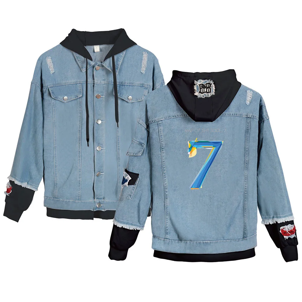 NEW Arrival Map Of the soul 7 Denim Jacket Bangtan Kpop Hoodie Fashion Casual Fake two pieces Coat Men/Women Personality | Мужская