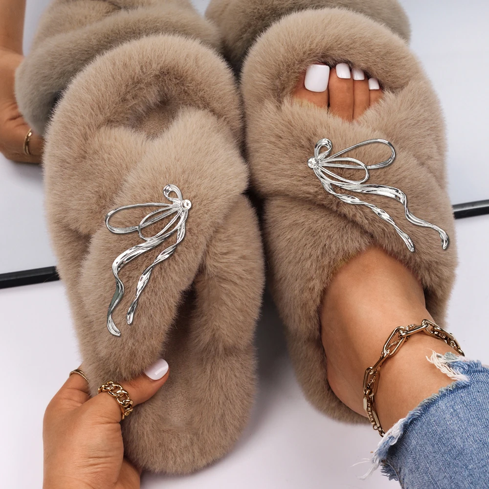 Flip Flop Slippers Bowknot Faux Fur Fuzzy Slides Plush Outdoor Sandals Fluffy Slippers High Quality Designer Shoes Free Shipping