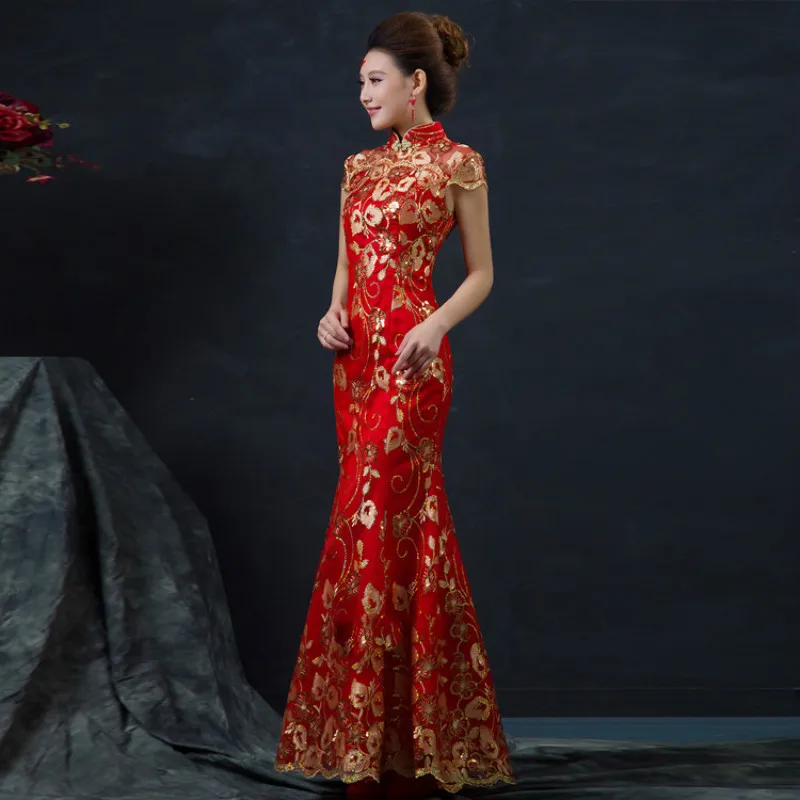 Vestido de boda chino rojo para mujer, Cheongsam largo de manga corta,  dorado, ajustado, tradicional chino, Qipao para fiesta de boda|women  qipaos|chinese traditional dresschinese wedding dress - AliExpress