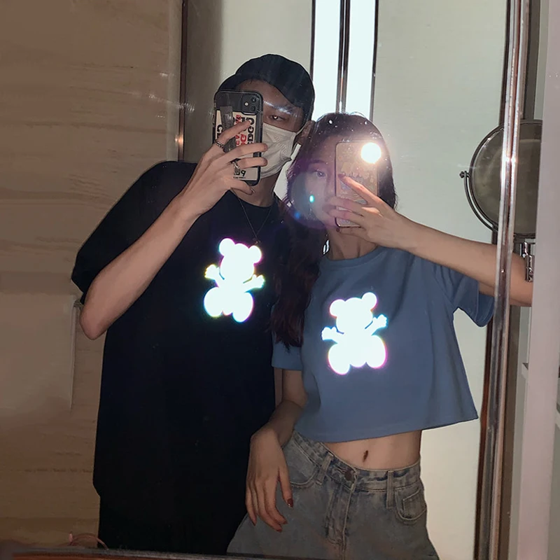 Summer 2020 Flash Reflective TShirt Clothing Bear Print Women Crop-Top Loose Long Tee Unisex T-shirt Couple Sets Oversize Outfit | Женская