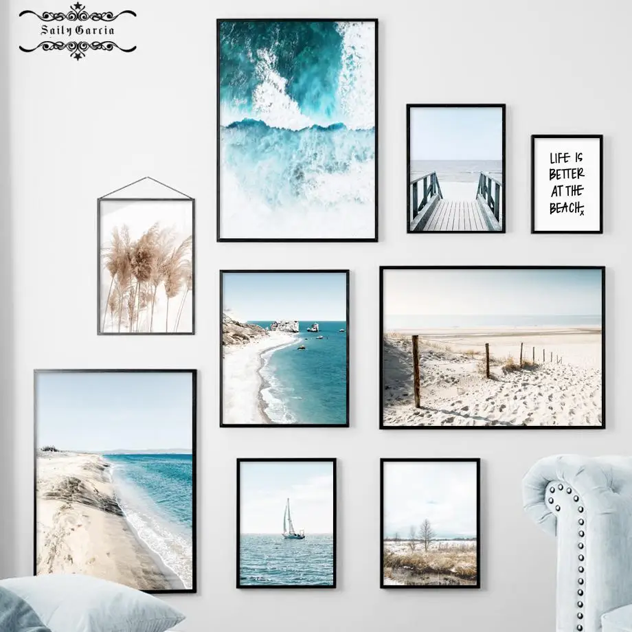 Nordic Posters and Prints Ocean Scenery Reed Beach Sailboat Quote Landscape Canvas Painting Wall Pictures for Living Room Decor | Дом и сад
