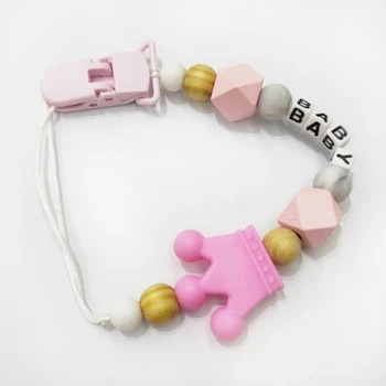 

Safety Silicone Beads Baby Pacifier Clip Baby Crown Charms Wood Pacifier Chain for Baby Teething Soother Chew Toys Baby Care