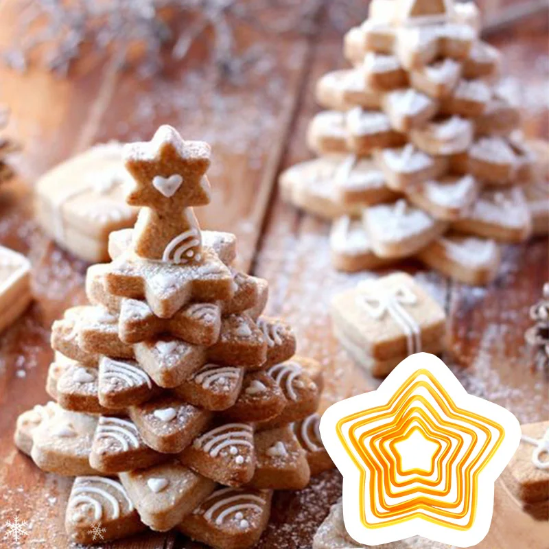 Christmas Tree Cookie Cutter Mold Stars Shape Fondant Cake Biscuit Cutter 3D Cake Decorating Tools Xmas Baking Moulds Navidad