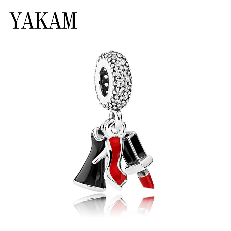 

Red Lipstick Pendant Fit Original Pandora Charms Bracelet Girl Black Enamel Dress Dangle High Heel Shoes Beads Women Jewelry DIY