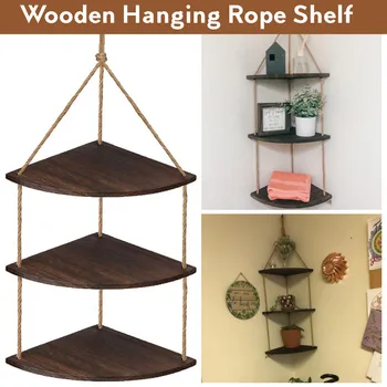 

3 Layers Handmade Rustic Display Rack Swing Wall Storage Shelves Wood Hanging Jute Rope Shelf Plant Rack DIY Home Decor Rack
