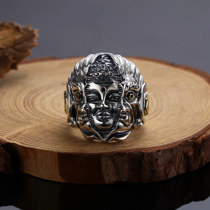 

925 Silver color Man Ring 100% Sterling Silver color Buddha Open Ring Thai Silver color Punk Vintage Resizable Ring Jewelry