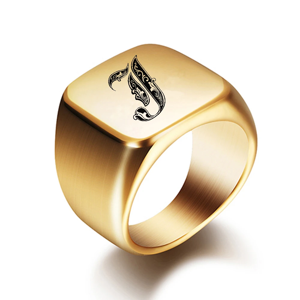 New Mens Rings With Letter Stamp Fashion Gold 18mm Male Stainless