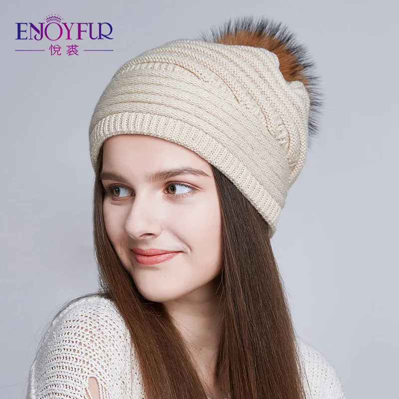 ENJOYFUR для женщин громоздкие шапочки шапки для зимы kintted негабаритных натуральный мех помпон шапка - Цвет: 09D