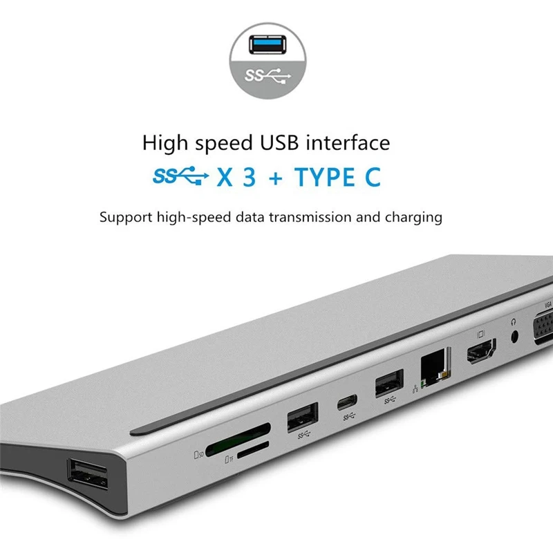11 в 1 type-C концентратор портативный многофункциональный type-C к USB-C USB3.0 RJ45 Gigabit+ HDMI+ VGA PD конвертер адаптер для MacBook PC N