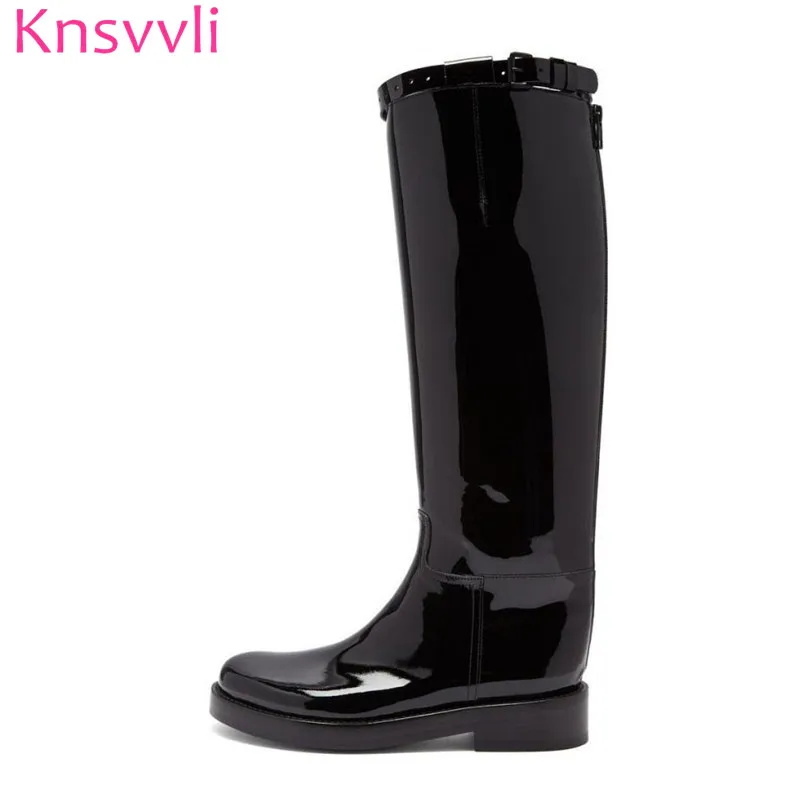 

New Long Boots Women Flat Shoes British Style Buckle Strap Army Boots Knee High Knight Boots Black Patent leather Botas Mujer
