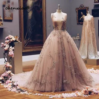 

Pretty Vintage Champagne Embroidery Prom Dresses 2018 A-line 3D Flower V-neck Evening Gowns 2018 Vestido De Festa Longo