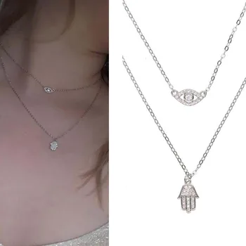

2020 Top quality 925 Sterling Multi-layer Hamsa Hand Evil Eye Boho Double Chain Necklace Delicate Cz For Women Wedding Gift