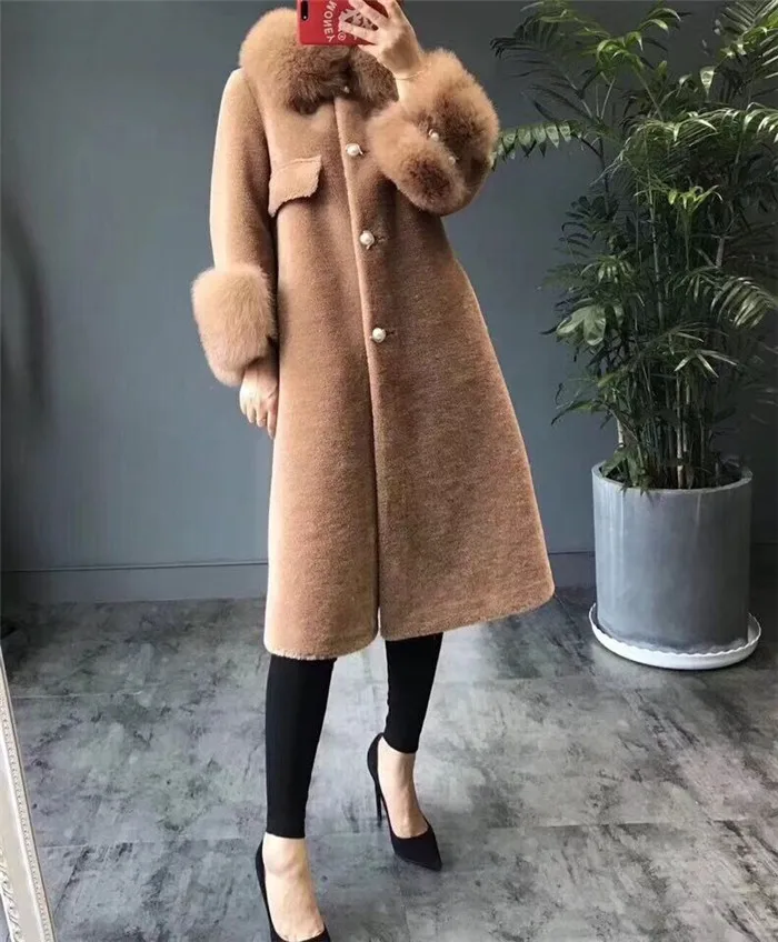 Пальто из натурального овечьего меха, двухстороннее меховое зимнее пальто для женщин, Воротник из натурального Лисьего меха, длинная куртка, теплое пальто