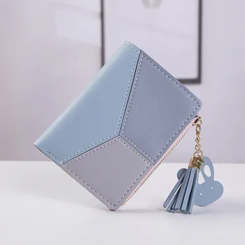 

New wallet short ladies zipper wallet female student stitching color tassels wild purse card package Folding Coin Card Holder