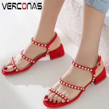

VERCONAS Women 2020 Classic Design Lace Up Slippers High Quality Sandals Thick Heels Cross-Tied Prom Pumps Summer Shoes Woman