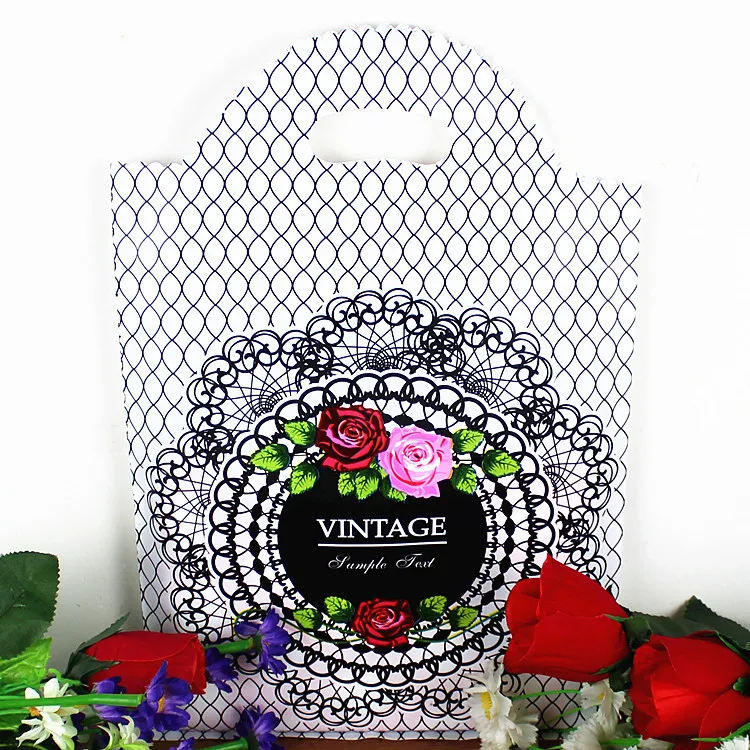 

Wholesale 50pcs Black Flower Design Plastic Gift Bag 25x39cm Jewelry Boutique Packaging Bags Plastic Shopping Bags With Handle