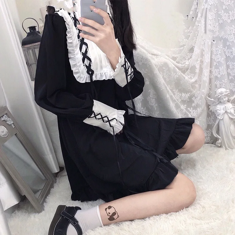 Женское платье в готическом стиле Kawaii, Лолита, милое винтажное кружевное платье принцессы с длинными рукавами, японское милое платье с рюшами для девочек-подростков, черное платье